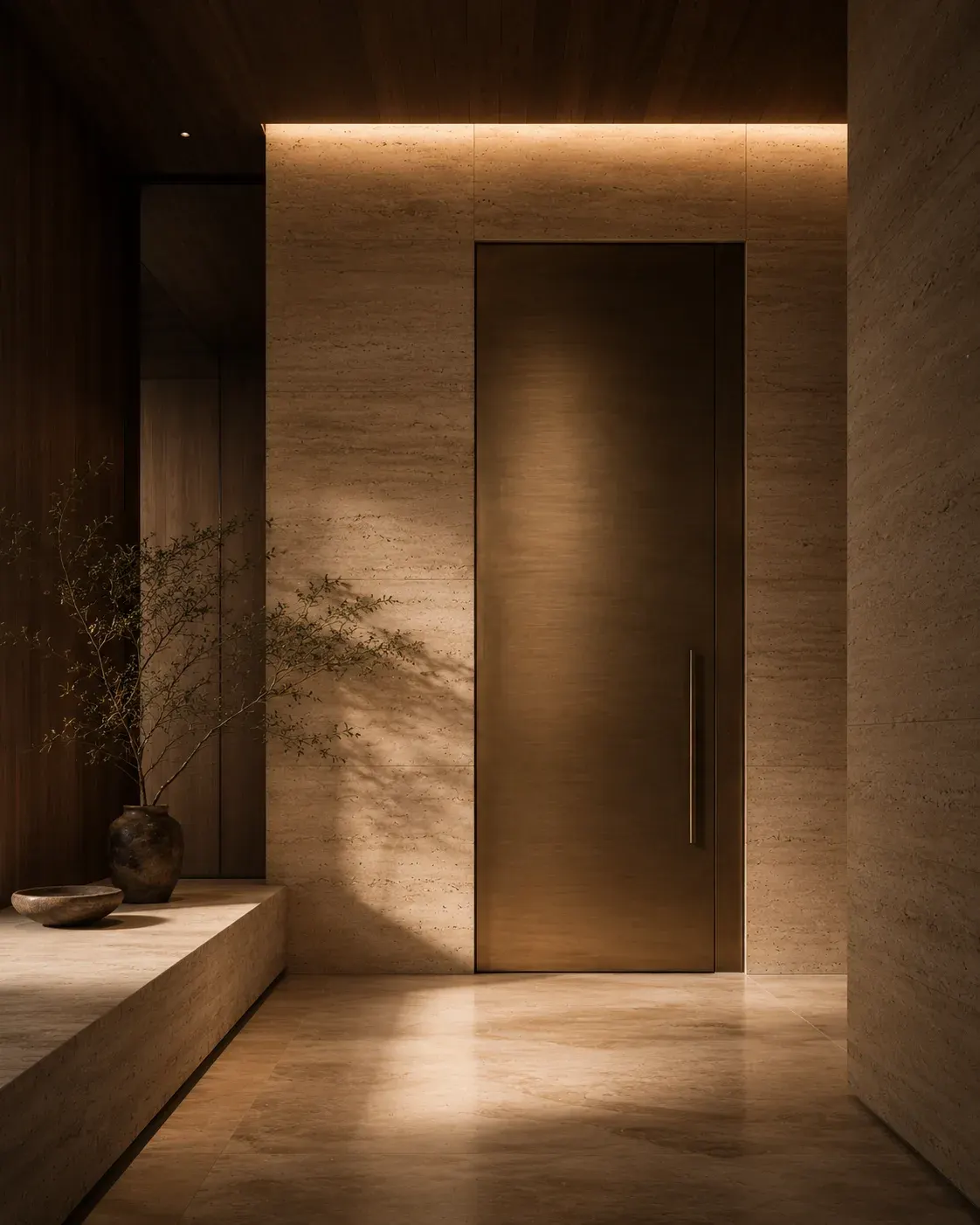 A warm travertine entry hall with a bronze pivot door: the home as a private sanctuary